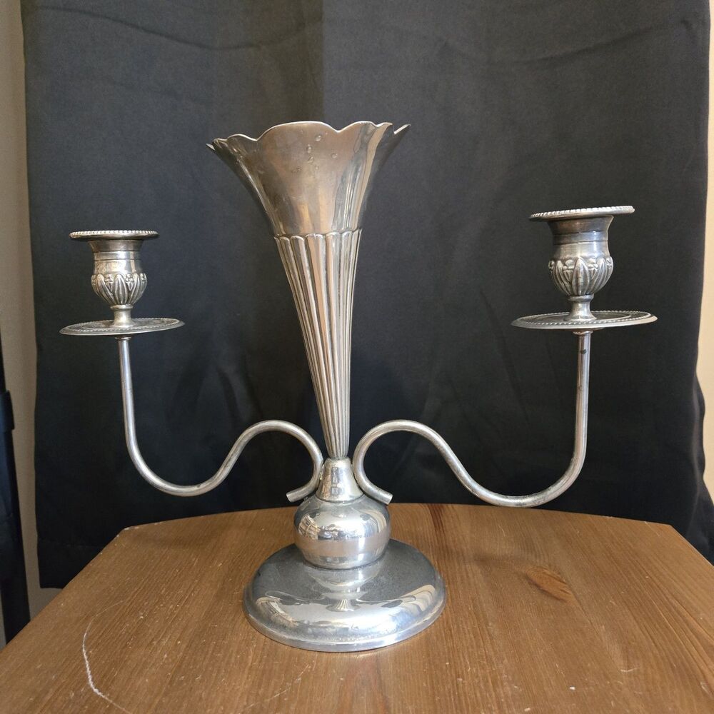 Vintage Silver Plated Candelabra Candle Holders With Vase, 10" Tall